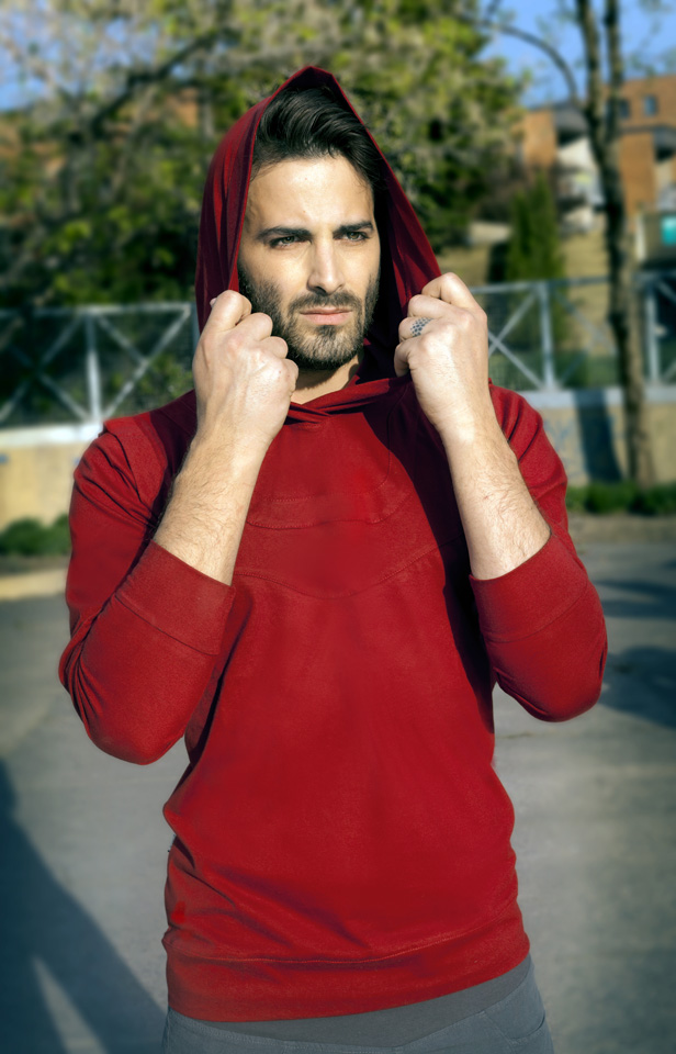 red long sleeves organic sweater 100% soft bamboo like cotton for men with big hoodie called the Robin hoodie