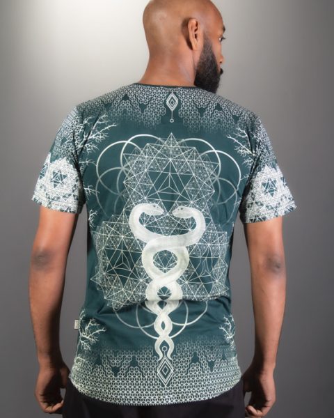 t-shirt ayam creation turquoise pour homme dos chandail géométrie sacrée serpent kundalini